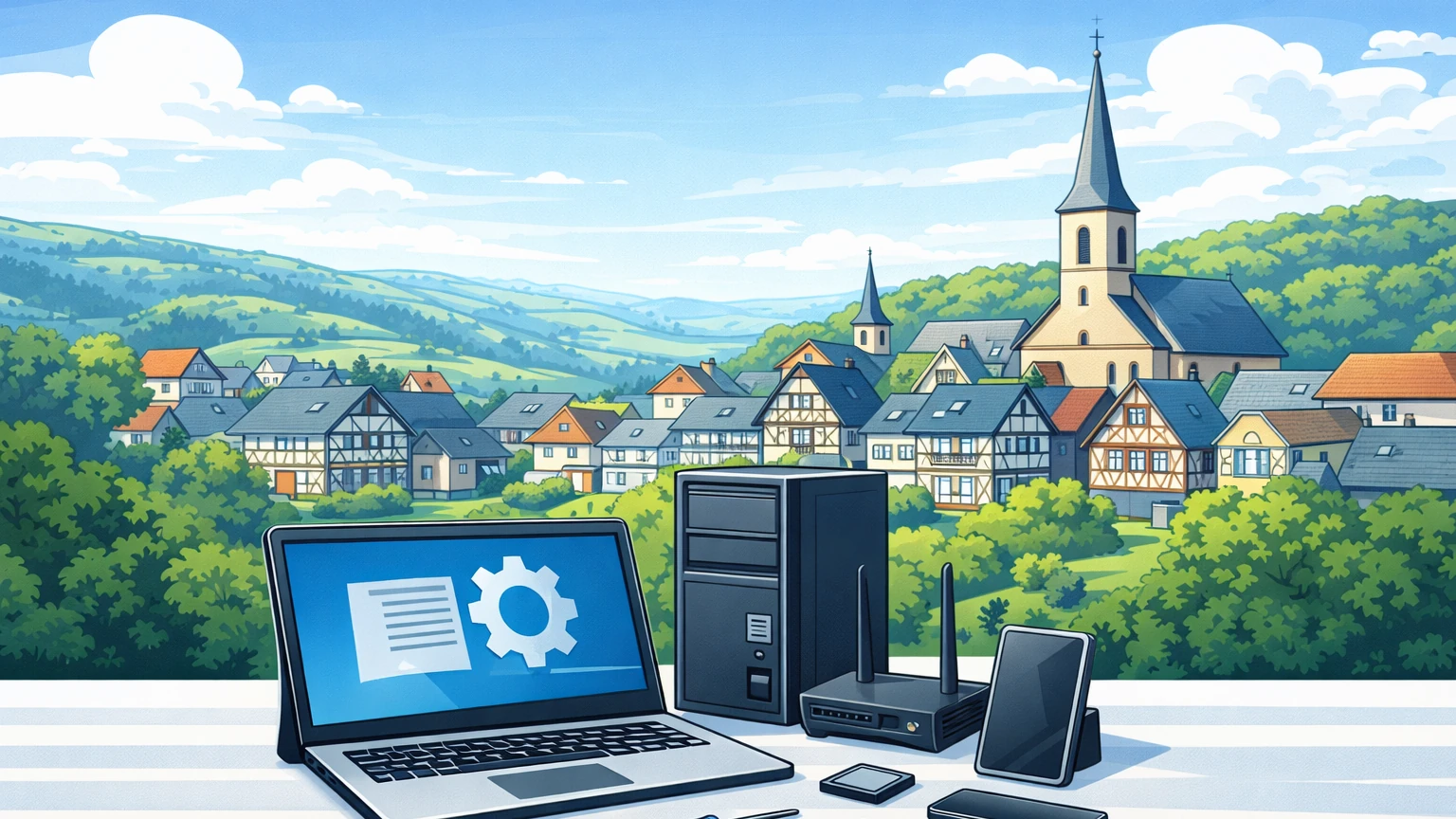 Comic-Stil Bild mit IT-Arbeitsplatz und typischer Ortsansicht von Hallenberg