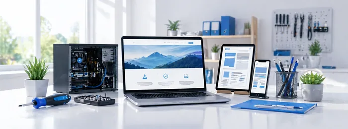 Breites Hero-Bild mit IT-Service-Arbeitsplatz links und moderner Website-Ansicht rechts für den Fokus auf Technik und Webdesign.
