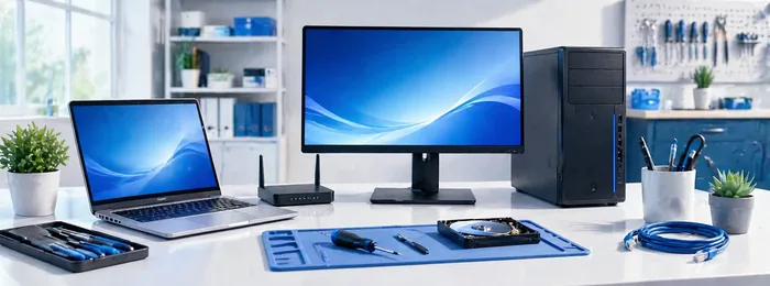 IT-Service Hero mit Technik-Arbeitsplatz für Reparatur, Einrichtung und laufende Hilfe.
