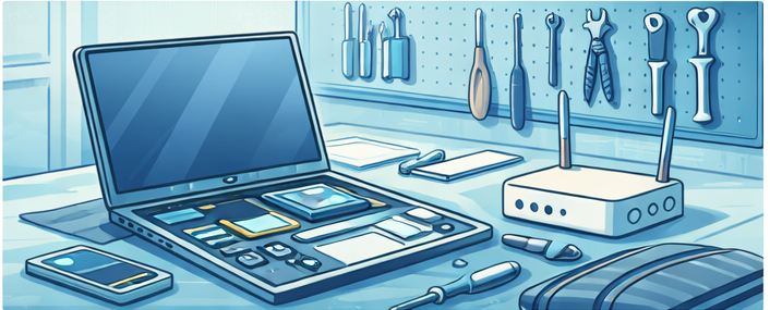 Comic-Stil Bild mit geöffnetem Notebook, Werkzeug und Router für IT-Service, Reparatur und Netzwerkhilfe.