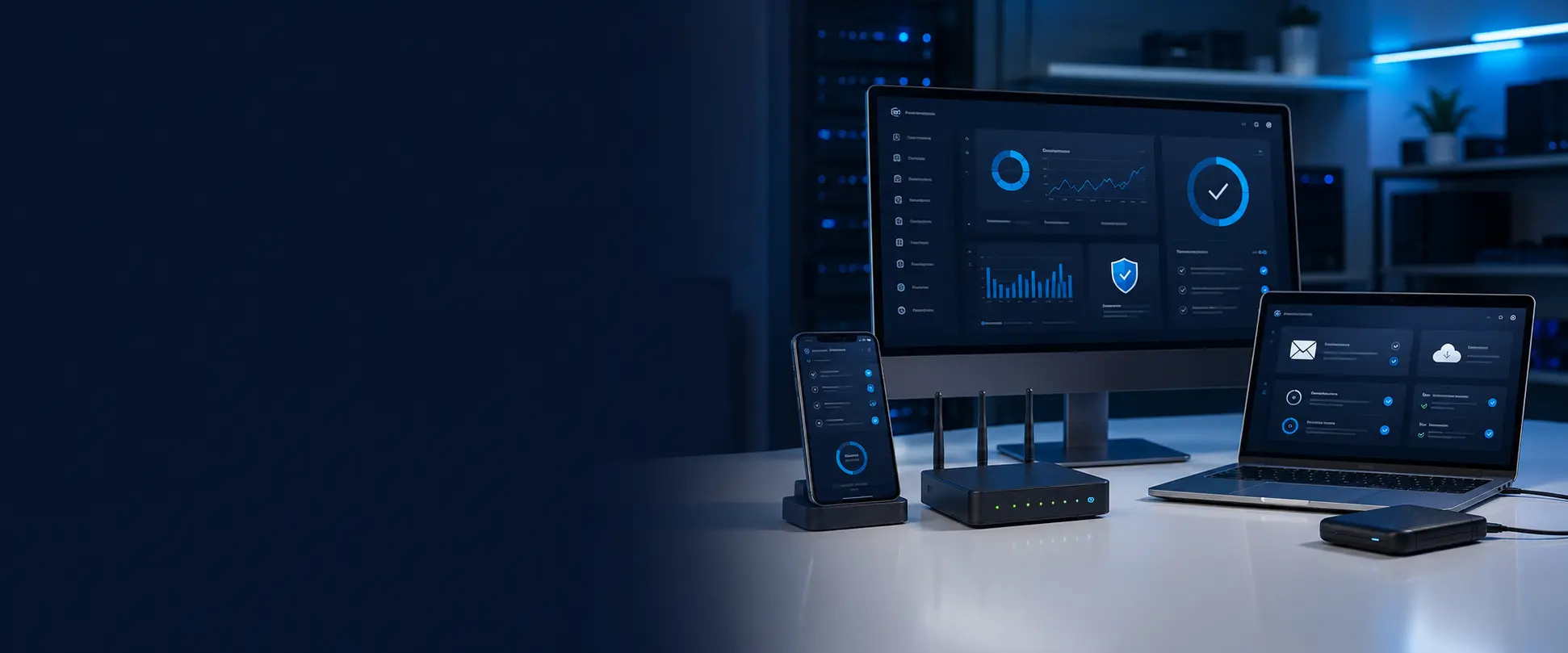 Geschützter IT-Arbeitsplatz mit Computer, Notebook, Smartphone, Router und Datensicherung.