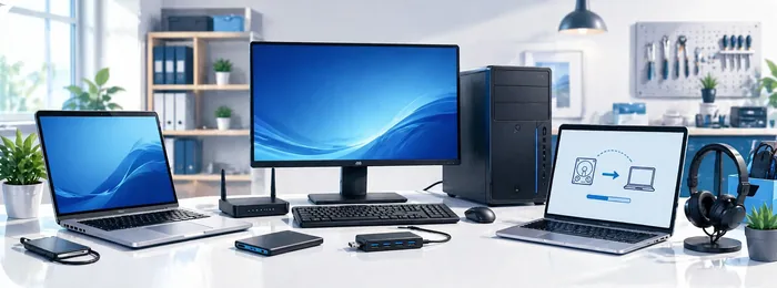 Breites Hero-Bild mit Computer, Notebooks, Zubehör und Datenübernahme für den IT-Store.