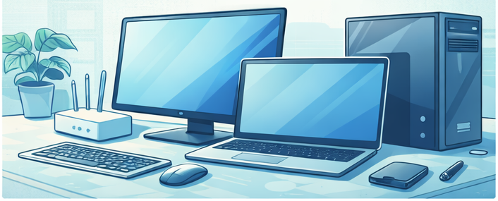 Comic-Stil Bild mit Monitor, Notebook, Router und Computer für den IT-Store und Kaufberatung.