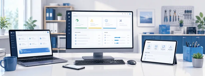 Breites Hero-Bild für das Kundenportal mit Dashboard, Statusabfrage und Geräteübersicht.