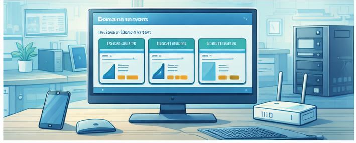 Comic-Style Illustration mit Monitor, Kundenportal-Oberfläche und IT-Arbeitsplatz