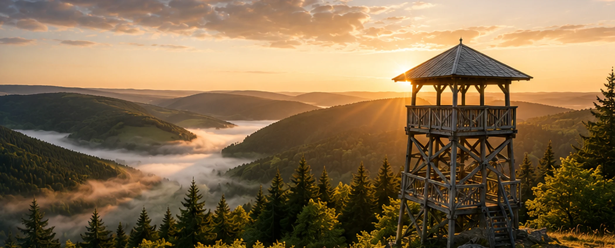 Bewaldete Hochsauerland-Landschaft mit Aussichtsturm, Höhenzügen und Morgennebel als regionales Hero-Bild.
