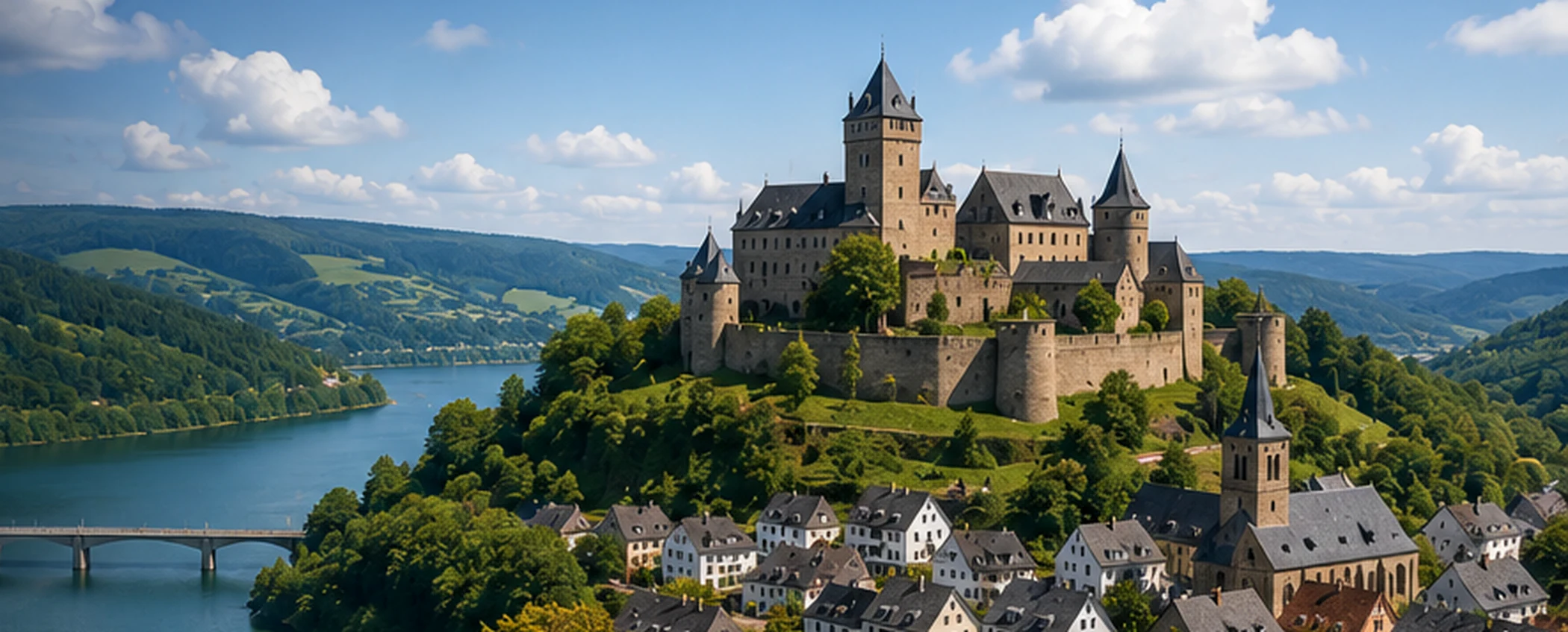 Mittelgebirgslandschaft mit See, bewaldeten Hügeln und Burgmotiv als regionales Hero-Bild für Waldeck-Frankenberg.