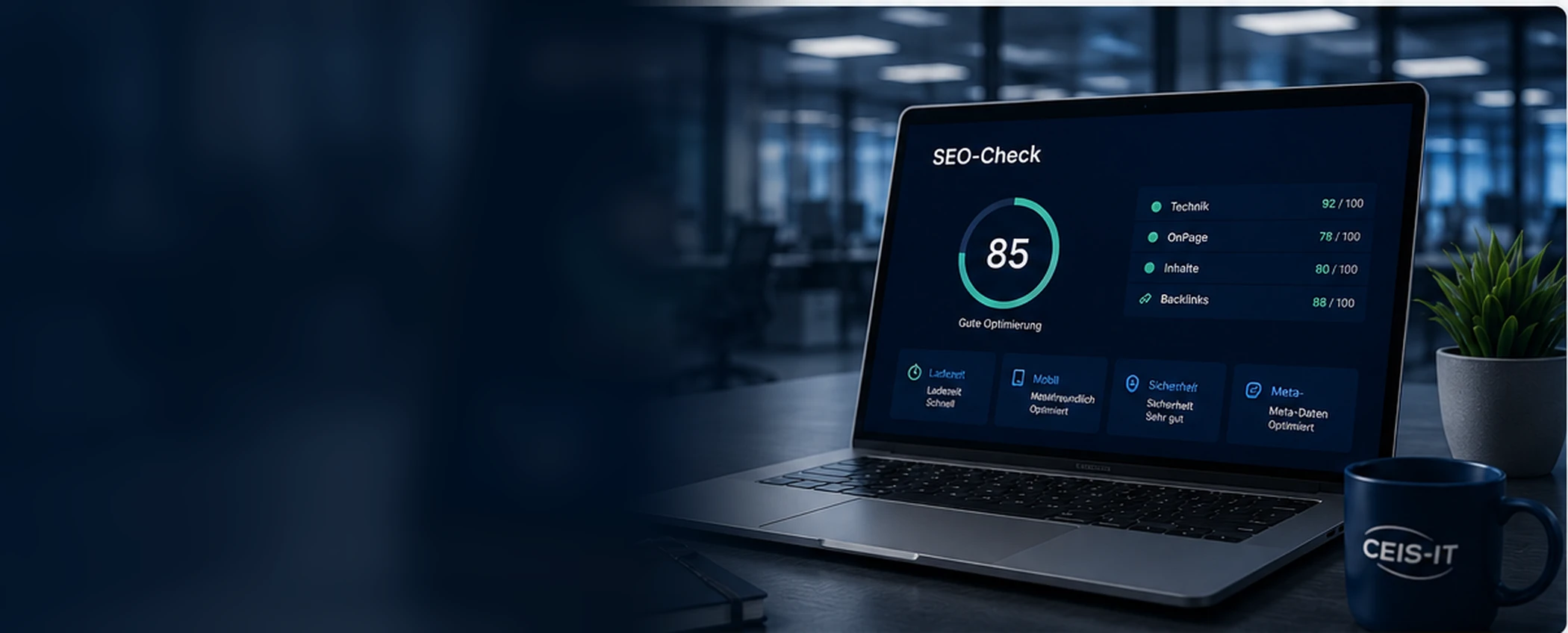Notebook mit SEO-Auswertung, Sichtbarkeitswert und technischen Prüfpunkten auf einem modernen Arbeitsplatz.