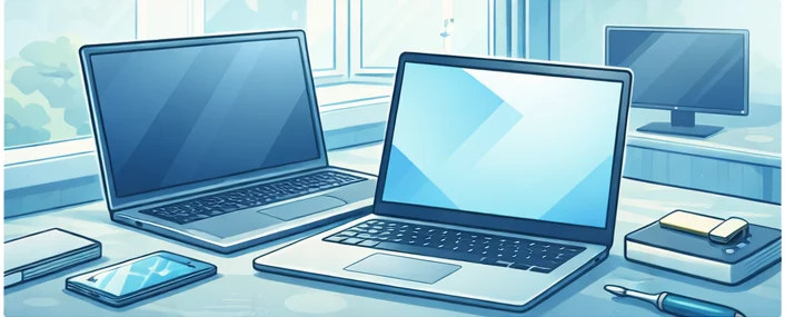 Illustration mit IT-Arbeitsplatz, Notebook, Monitor und Zubehör für IT-Service, Reparatur, Verkauf und Webdesign.