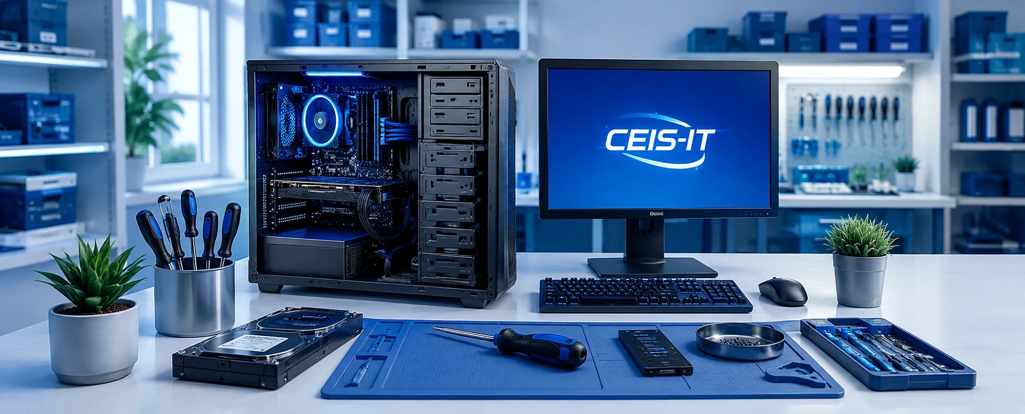 IT-Service Hero mit Technik-Arbeitsplatz für Reparatur, Einrichtung und laufende Hilfe.