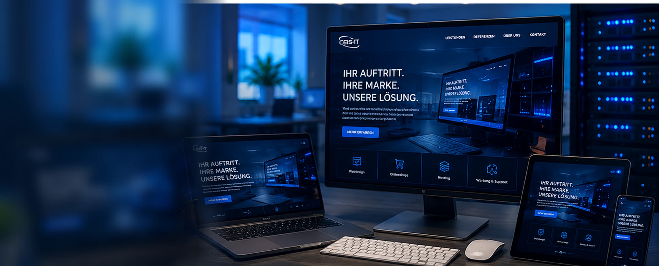 Moderner Arbeitsplatz mit Webseitenansichten als Hintergrund für den CEIS-IT Webdesign-Preiskalkulator.