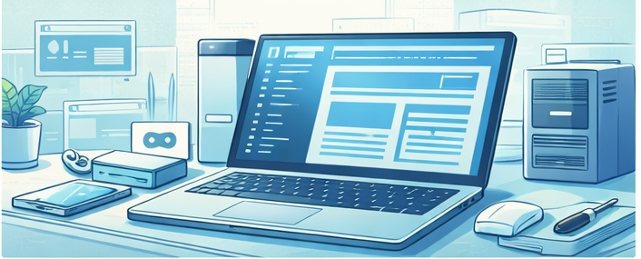 Comic-Stil Bild mit Laptop, Weblayout und Technik für Webentwicklung, Hosting und digitale Lösungen.