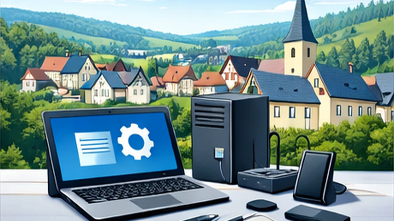 Comic-Stil Bild mit IT-Arbeitsplatz und Ortsansicht von Medebach