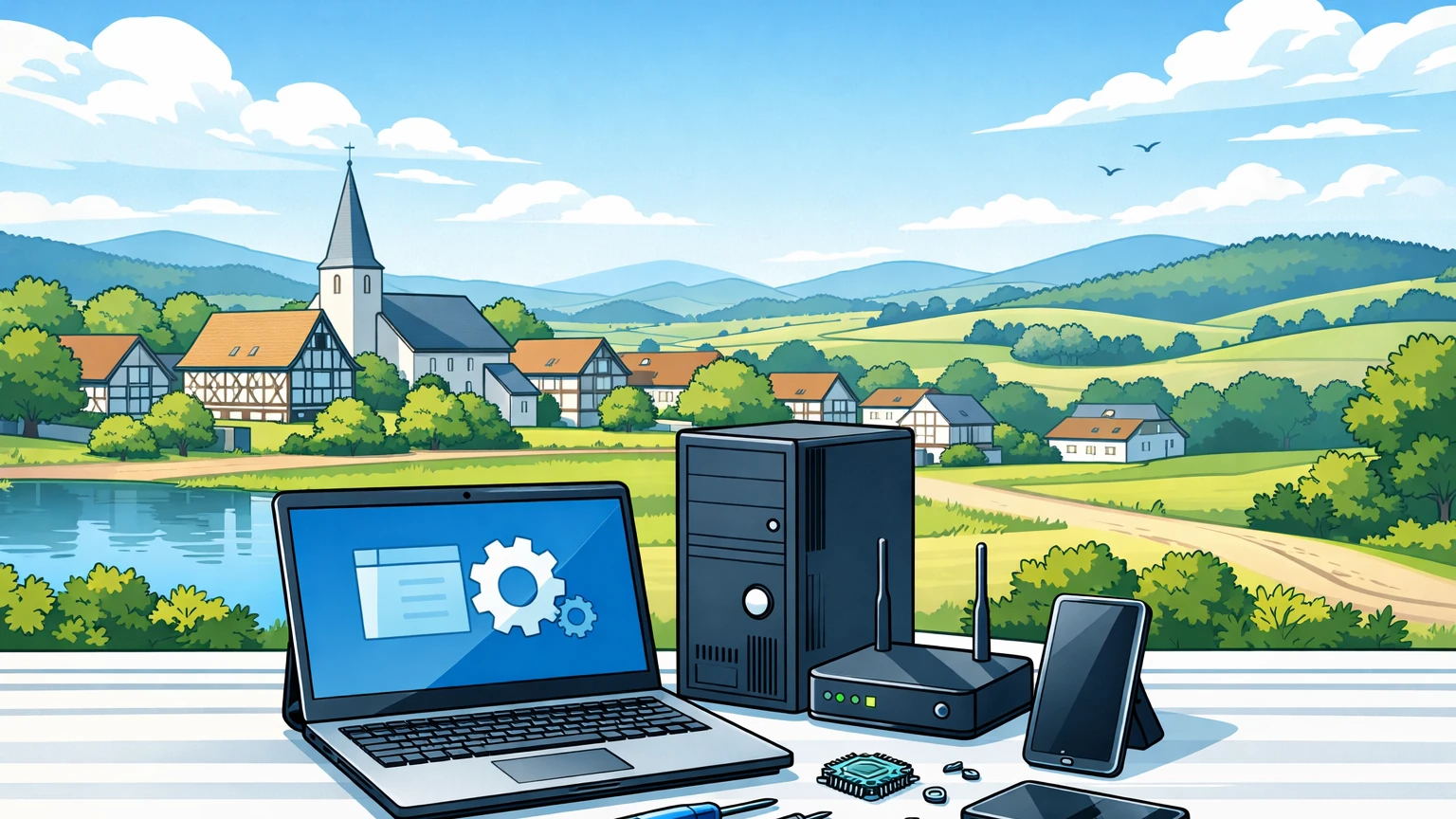 Comic-Stil Bild mit IT-Arbeitsplatz und Eder-Landschaft in Allendorf (Eder)