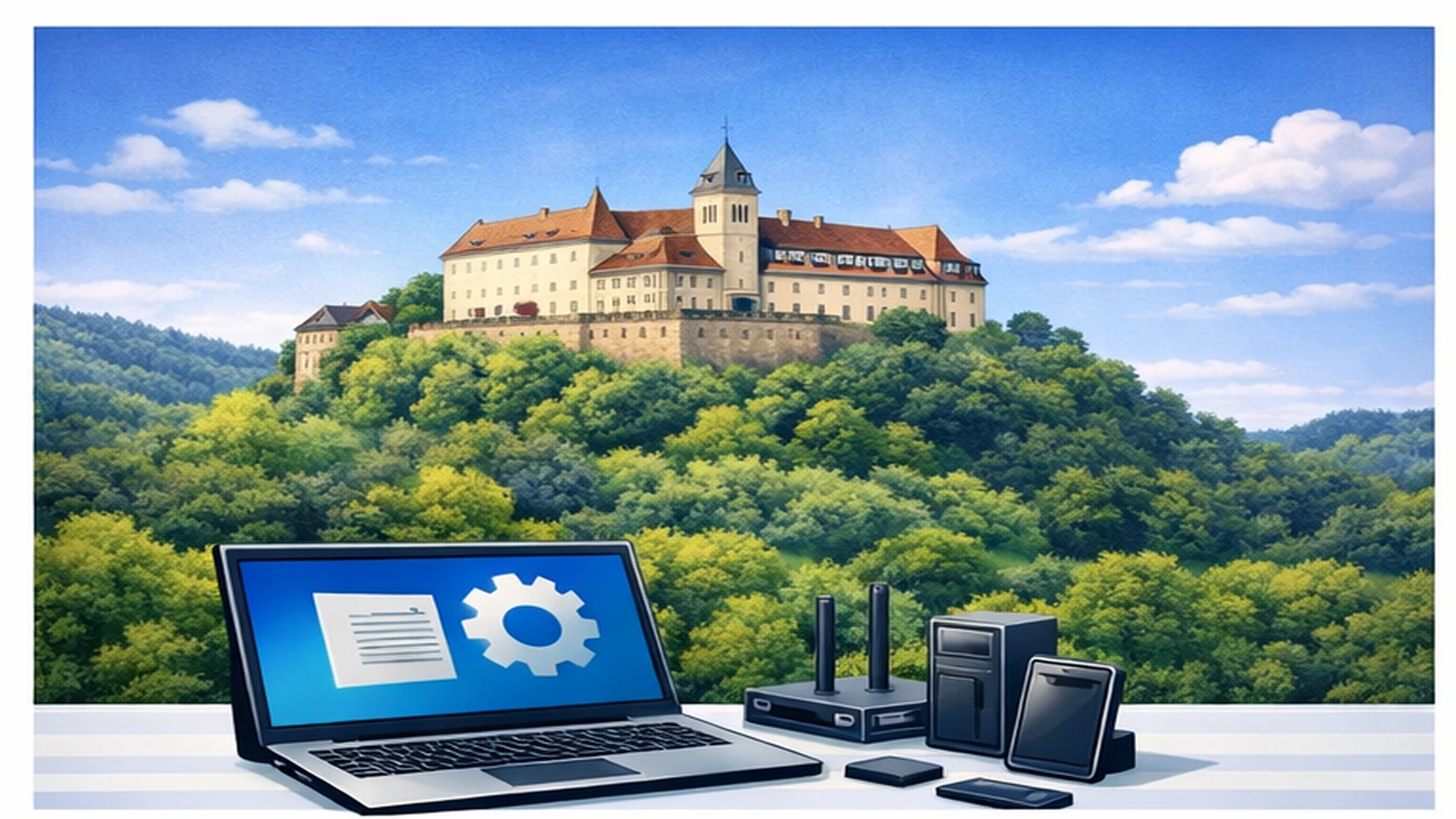 Comic-Stil Bild mit IT-Arbeitsplatz, Schlossmotiv und Ortsansicht von Bad Berleburg