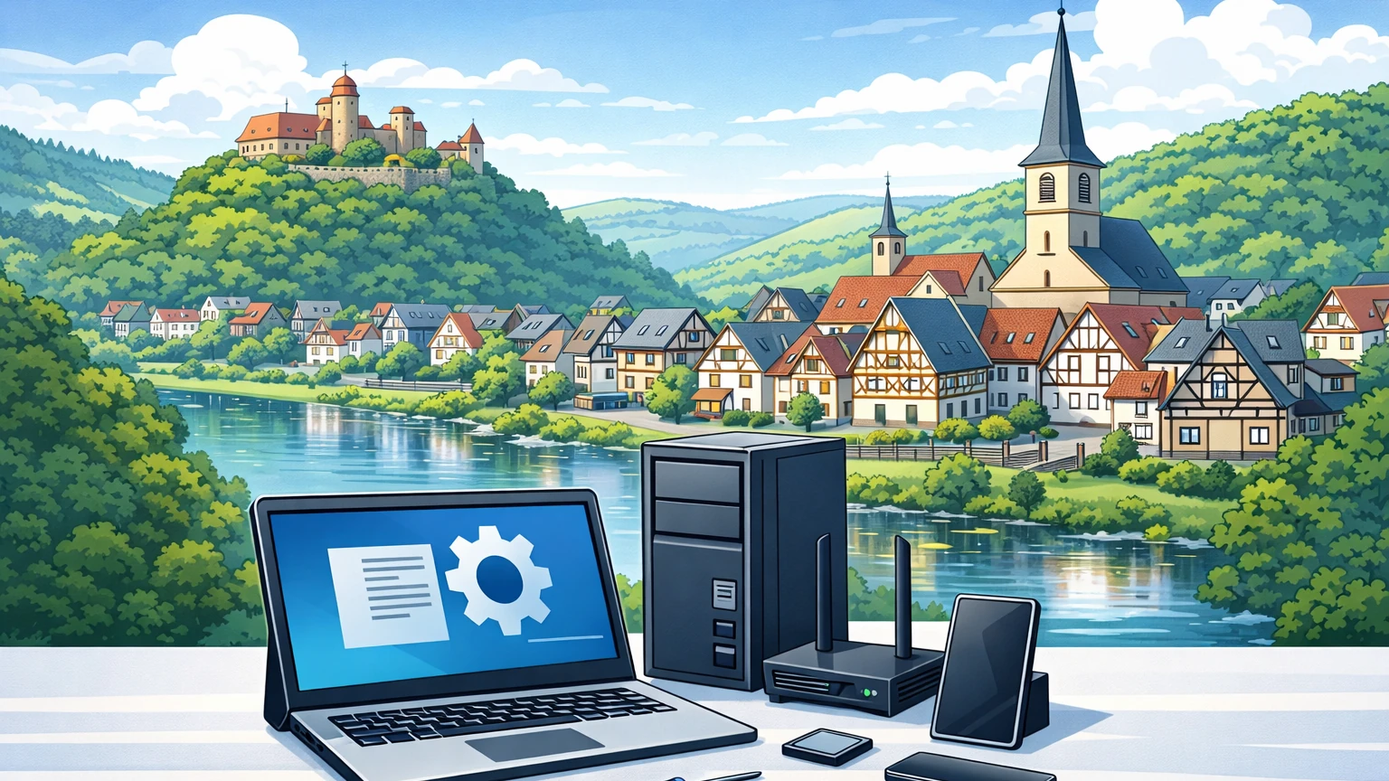 Comic-Stil Bild mit IT-Arbeitsplatz, Eder, Kirche und Burgansicht in Battenberg (Eder)
