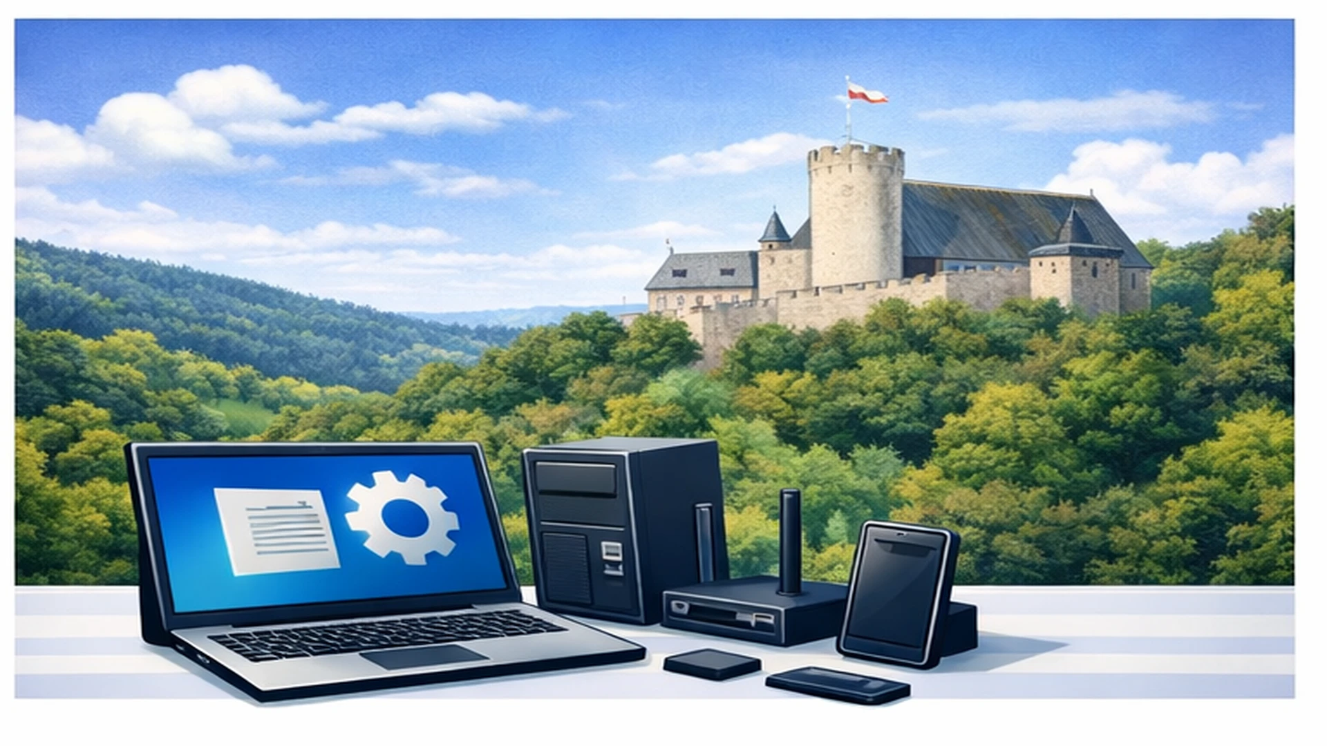 Comic-Stil Bild mit IT-Arbeitsplatz, Schlossmotiv und Ortsansicht von Biedenkopf