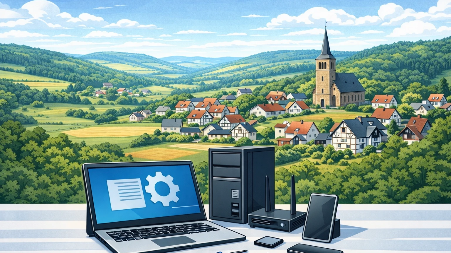 Comic-Stil Bild mit IT-Arbeitsplatz, ländlicher Burgwald-Landschaft und Dorfansicht