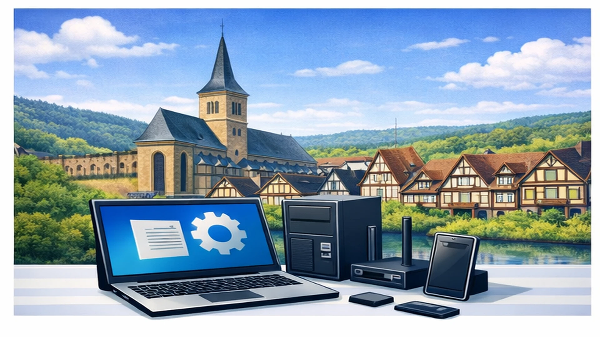 Comic-Stil Bild mit IT-Arbeitsplatz und Ortsansicht von Korbach