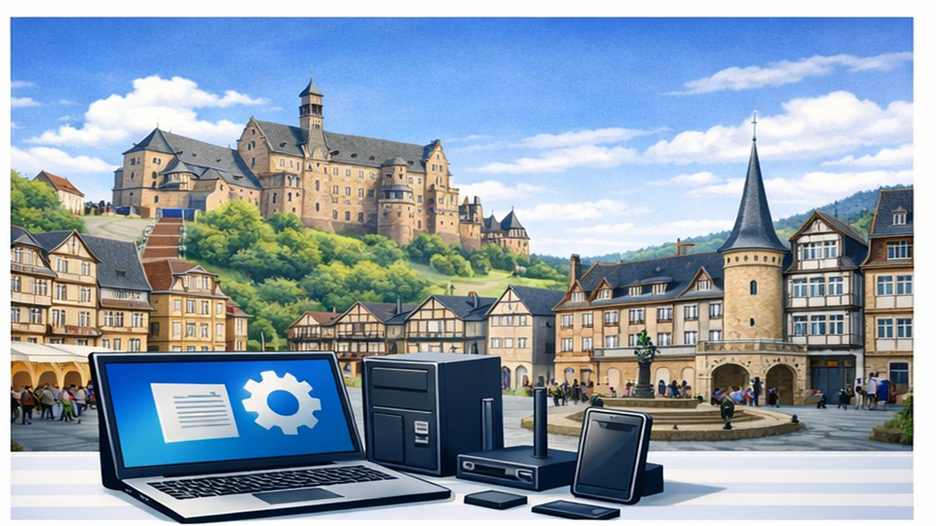 Comic-Stil Bild mit IT-Arbeitsplatz, Schlossmotiv und Ortsansicht von Marburg
