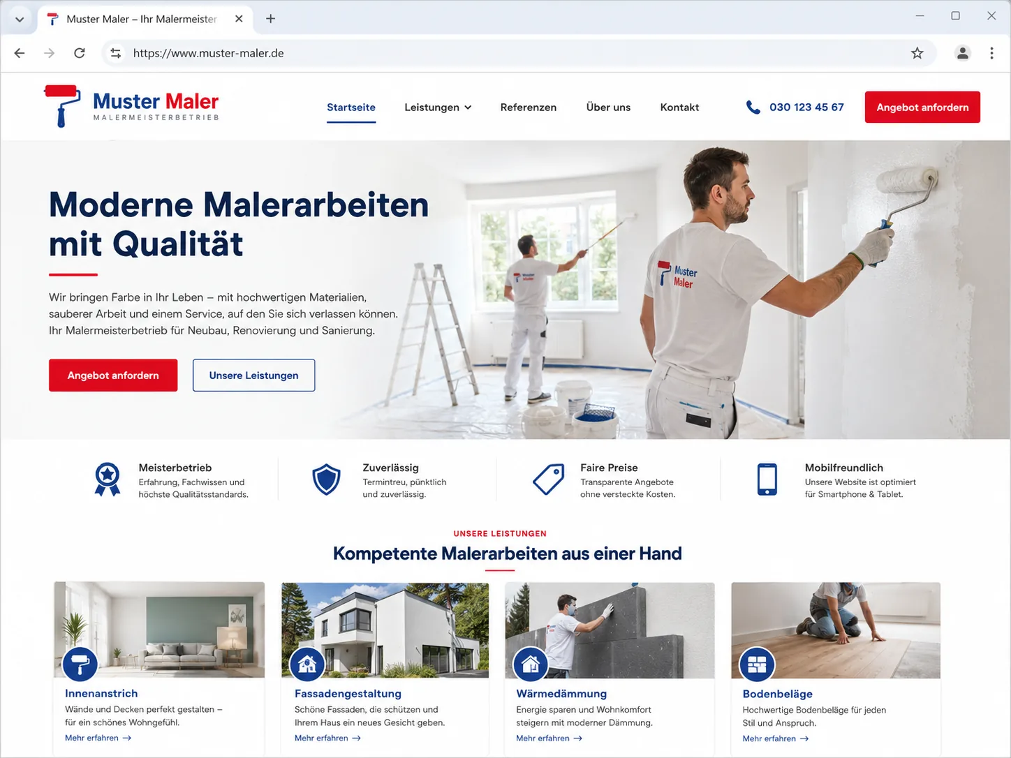 Beispiel einer modernen Muster-Maler-Internetseite mit klarer Struktur, mobilfreundlicher Wirkung und professionellem Webdesign.