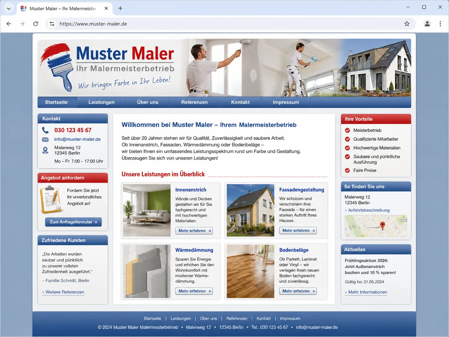Beispiel einer veralteten Muster-Maler-Internetseite mit unruhiger Struktur und alter Darstellung.