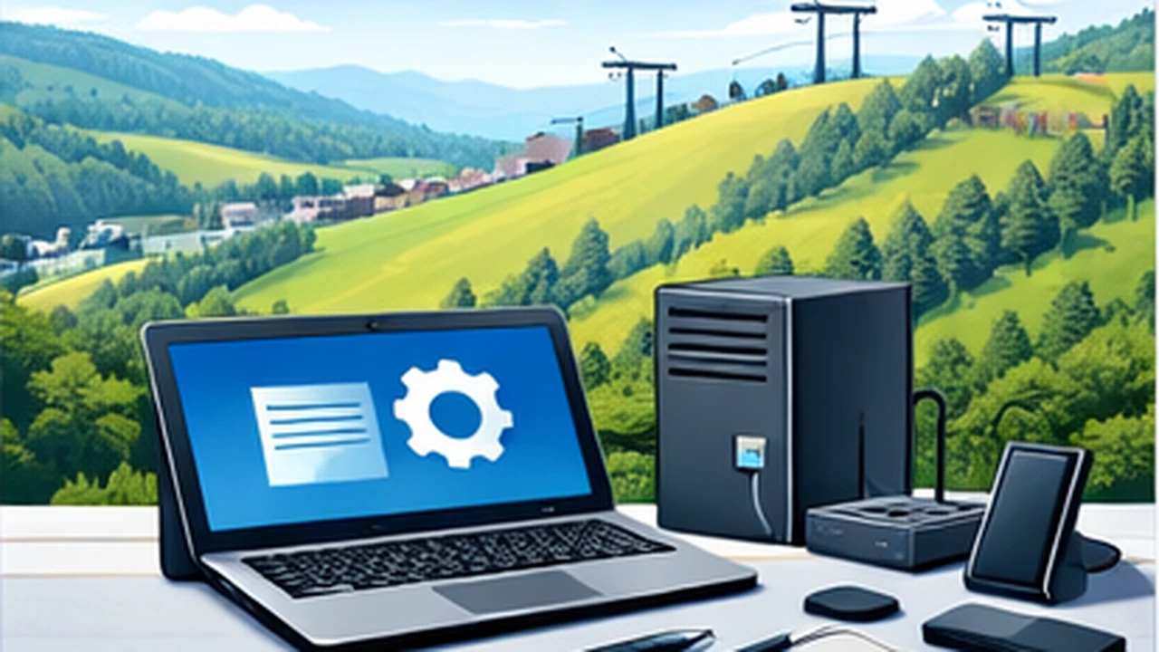 Comic-Stil Bild mit IT-Arbeitsplatz und Winterberger Berglandschaft mit Liftanlagen